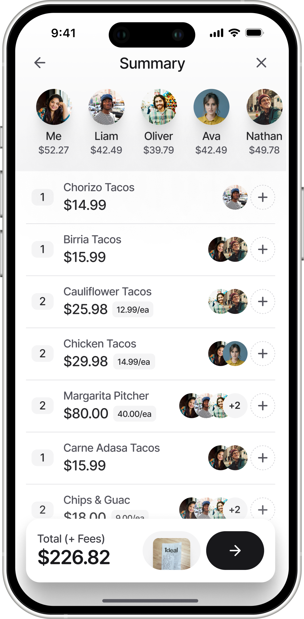 A summary screen of the bill splitting app showing the individual amounts owed or paid by each person in the group, including Me, Liam, Oliver, Ava, and Nathan. The screen also lists the ordered food items, quantities, and prices, along with a total amount and a button or icon to proceed further with the bill splitting process.